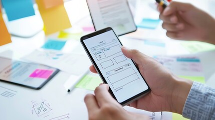 Leinwandbilder - Team of Creative Web Graphic Designer planning drawing website ux app for mobile phone application and development template layout process to developing prototype wireframe User experi : Generative AI