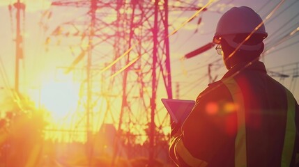 Poster - technology concept with high voltage power lines electrical engineer helmet digital tablet sunset power engineer power plant high voltage voltage energy concept electrical engineer wor : Generative AI