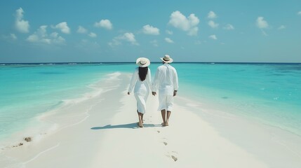 Wall Mural - Happy couple in white clothing and with hats walks down a tropical beach with turquoise sea in the Maldives islands : Generative AI