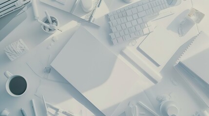 Aufkleber - White office desk table with blank notebook computer keyboard and other office supplies Top view with copy space flat lay : Generative AI