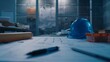 © Generative AI - Architectural designed building blueprint layout and engineer tool for designing blueprint with contractor project document on engineer workspace table in office with safety helmet or  : Generative AI