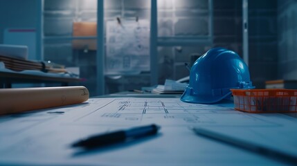 Aufkleber - Architectural designed building blueprint layout and engineer tool for designing blueprint with contractor project document on engineer workspace table in office with safety helmet or  : Generative AI
