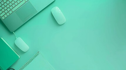 Wall Mural - Minimal work space  Creative flat lay photo of workspace desk Top view office desk with keyboard mouse and book on pastel green color background Top view with copy space flat lay photo : Generative AI