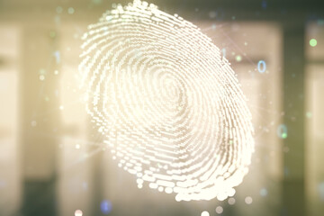 Aufkleber - Multi exposure of virtual graphic fingerprint sketch on empty classroom background, fingerprint scan data concept