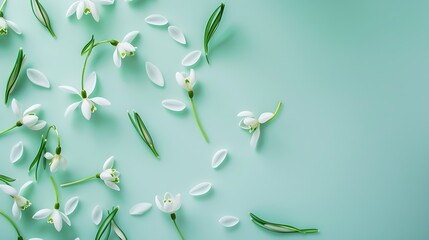 Poster - Creative layout made with snowdrop flowers on bright background Flat lay Spring minimal concept : Generative AI