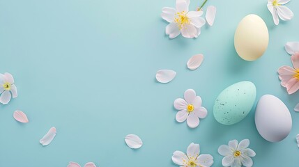 Aufkleber - Easter composition Easter eggs flowers paper blank on pastel blue background Flat lay top view copy space : Generative AI