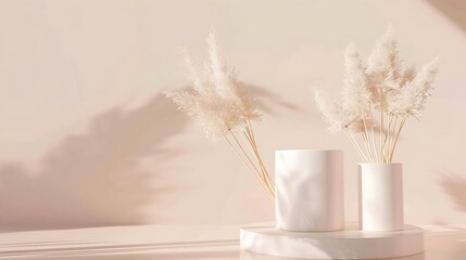 Poster - Podium for cosmetic product presentation Abstract minimal geometrical form Cylinder podium with dry pampas grass soft shadow Scene to show products Showcase display case Flat lay top v : Generative AI