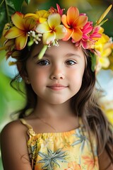 Wall Mural - little girl in a wreath of flowers. Selective focus