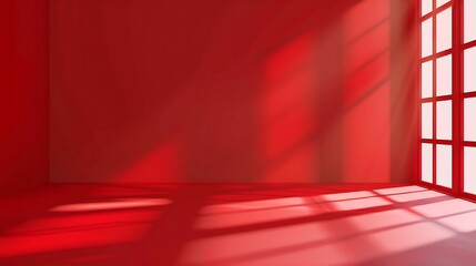 Poster - Abstract red studio background for product presentation Empty room with shadows of window 3d room with copy space Blurred backdrop : Generative AI