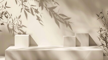 Fototapete - Abstract minimal nature scene  empty stage with three white rectangle podiums on beige background and shadows of tree leaves Pedestal for cosmetic product and packaging mockups display : Generative AI