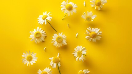 Aufkleber - Flowers composition Chamomile flowers on yellow background Spring summer concept Flat lay top view copy space : Generative AI