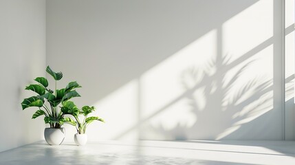 Poster - Background White Shadow Blur Abstract Light Product Podium Plant  Wall Grey Floor Minimal Studio Room Sunshine Surface Backdrop Scene  Platform Texture Desing Table Space Interior Loft : Generative AI