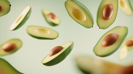 Poster - Creative layout with ripe flying avocado halves on light background Healthy food diet tropical exotic fruit trendy food product Minimalistic summer food concept Organic avocado Pop art : Generative AI