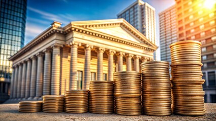 Wall Mural - Coins with Bank or Financial Institution: A photo showing coins positioned near a bank or financial institution building, symbolizing banking services, savings, and investments.	
