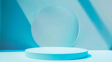 Poster - Abstract light blue color background Top view to round geometric shape turquoise podium for product display and geometric shape colored paper background : Generative AI