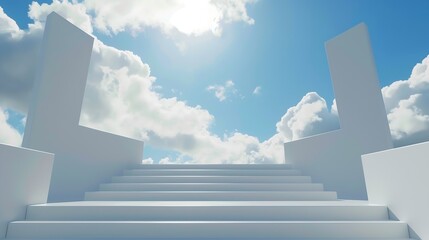 Aufkleber - Front view of white podium and stairway with blank space in blue cloudy sky background abstract content : Generative AI