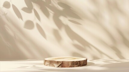 Poster - Abstract empty Wood slice podium with leaves shadows on beige background Mock up stand for product presentation 3D Render Minimal concept Advertising template : Generative AI