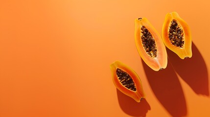 Aufkleber - Cut Papaya over orange table background for tropical fruit design concept top view copy space : Generative AI
