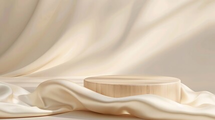 Fototapete - Luxury wooden product podium for beauty and fashion product with silk fabric on beige background Premium brand placement  mockup template Studio stage scene display Soft neutral pastel : Generative AI