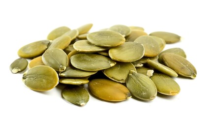Poster - Green pumpkin seeds isolated on white background Scattered seed Package design element with clipping path : Generative AI