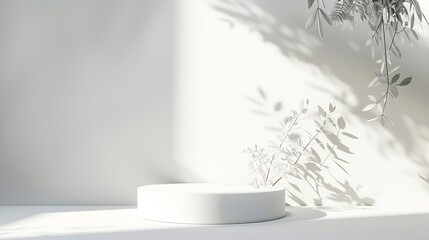 Poster - Podium geometric shape white on a white background Winter scene showcase with snow for product presentation Minimalistic light pedestal for cosmetic Copy space : Generative AI