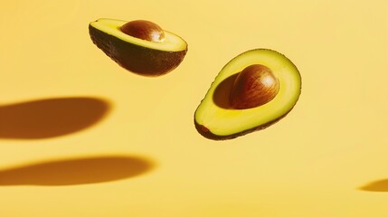 Poster - Creative layout with ripe flying avocado halves on yellow background Healthy food diet tropical exotic fruit trendy food product Minimalistic summer food concept Organic avocado Pop ar : Generative AI