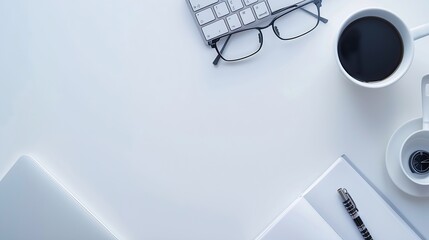 Leinwandbilder - Top view above of White office desk table with keyboard computer notebook and coffee cup with equipment other office supplies Business and finance concept Workplace Flat lay with blank : Generative AI