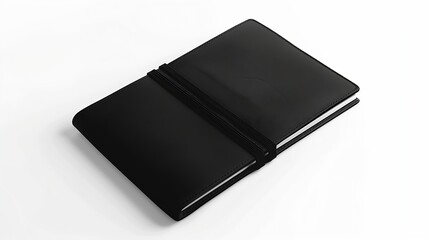 Poster - Black leather notebook mockup with elastic isolated on white background Top view Clipping path : Generative AI