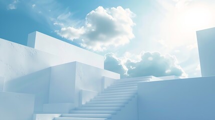 Aufkleber - Front view of white podium and stairway with blank space in blue cloudy sky background abstract content : Generative AI