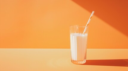 Wall Mural - Creative layout with glass of milk and paper straw on white and bright orange background Happy fun idea with food Spring or summer minimal aesthetic concept : Generative AI