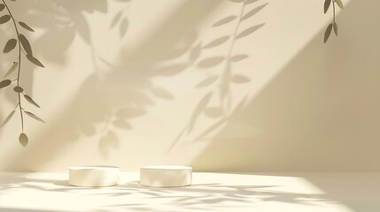 Fototapete - Abstract minimal nature scene  empty stage and circle podiums on beige background and soft shadows of tree leaves Pedestal for cosmetic product and packaging mockups display presentati : Generative AI