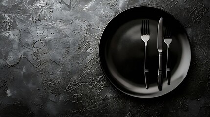 Aufkleber - black empty plate and cutlery fork and knife on a dark textured background The concept of a layout for the design of a restaurant menu website or design Vertical layout of food photos : Generative AI
