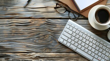 Leinwandbilder - Top view above of Wooden office desk table with keyboard coffee cup and notebook glasses with equipment office supplies Business and finance concept Workplace Flat lay with blank copy  : Generative AI