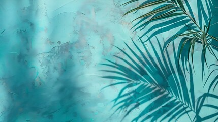 Aufkleber - Mint Blue cement texture wall leaf plant shadow backgroundSummer tropical travel beach with minimal concept Flat lay pastel color palm nature : Generative AI