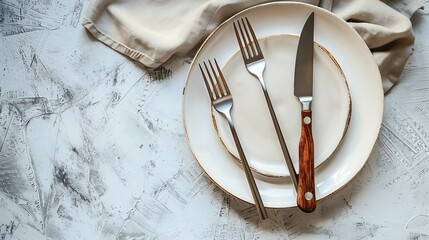 Poster - White craft plate cutlery and napkin on white stone table knife and fork on beige napkin Top view copy space Table setting background for menu layout recipe background food flat lay : Generative AI