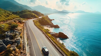 Poster - Holiday travel by car drive on mountain road on the beach in summer summer vacation trip by car on highway by the sea in july Road landscape in beautiful coastal bay car driving on way : Generative AI