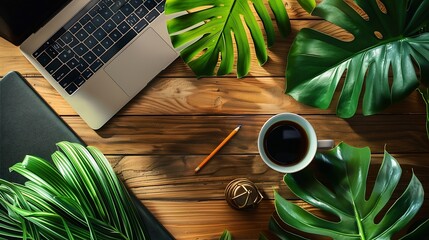Leinwandbilder - Flat lay top view office table desk Workspace with laptopoffice supplies pencil green leaf and coffee cup on wood background : Generative AI