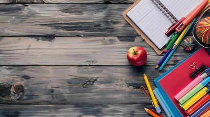 Poster - School stationery on wooden background Back to school creative layout template with copy space Flat lay top view overhead : Generative AI