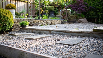 Garden patio UK Landscaped garden with gravel raised beds and York stone stepping stones and patio : Generative AI