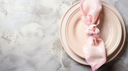 Wall Mural - Beige ceramic plates and a pink napkin on a beige stone table Top view copy of space Table setting menu background layout recipe background food flat layout : Generative AI