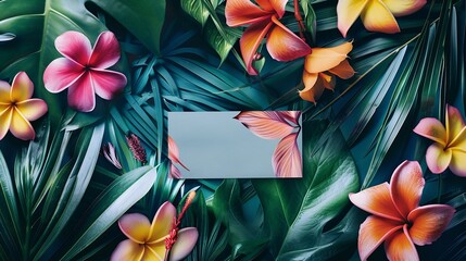 Poster - Creative nature layout made of tropical leaves and flowers With paper card note Flat lay Summer concept : Generative AI