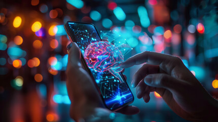 Wall Mural - A person's hands are interacting with a smartphone emanating glowing digital neural network graphics, symbolizing advanced technology, connectivity, or futuristic interface concepts.
