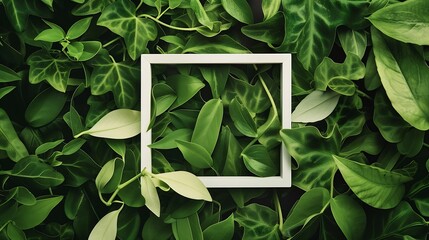 Aufkleber - creative layout green leaves with white square frame flat lay for advertising card or invitation : Generative AI