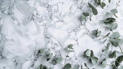 Aufkleber - Marble paper blank eucalyptus branches on pastel gray background Flat lay top view square copy space : Generative AI