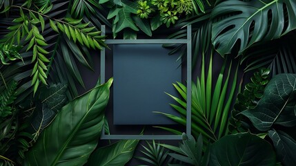 Poster - Square frame with leaves and Square frame background Creative layout made of tropical and leaves with green paper card note Blank for advertising card or invitation Flat lay Nature con : Generative AI