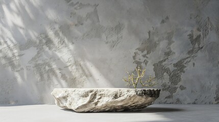 Aufkleber - Luxury Natural Rough Rock stone Podium with plant shadow on Gray wall for product placement display  template for Skin care or cosmetics scene platform : Generative AI