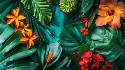 Poster - Creative nature layout made of tropical leaves and flowers With paper card note Flat lay Summer concept : Generative AI