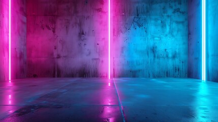 Aufkleber - Dark empty room with pink and blue led lights on concrete wall and floor Futuristic architecture interior space Modern neon background with grunge texture : Generative AI