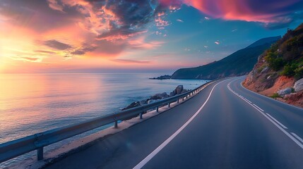Poster - highway landscape at colorful sunset traveling on the holiday road in summer Nature scenery on ocean beach Road landscape on beach Stunning sea with summer vacation seascape with beaut : Generative AI