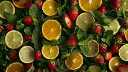 Poster - Colorful pattern made of citrus fruits leaves and strawberries : Generative AI